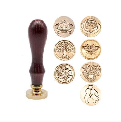 China 7 styles in stock copper wax seal stamp with wax stamp heads and wooden handle for invitation envelopes lettering Valentine's Day for sale