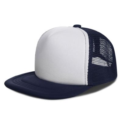 China Custom Common Foam White Flat Front Snapback Embroidery Navy Bill Navy Blue Foam Trucker Hat for sale