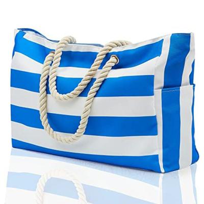 China Trave Outdoor Hot Sale Customized wholesale Summer Fashion Bohemia Beach Bag Shoulder Bag Canvas Stripe Tote Bag with pocket and zipper for sale