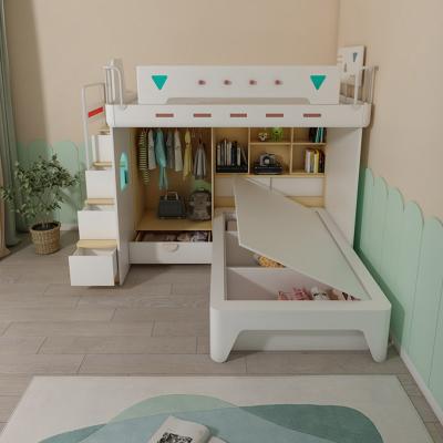 China Luxury White Geometric Patterns Design Wooden Bunk Bed For Kids Children With Cabinet Desk And Staircase for sale