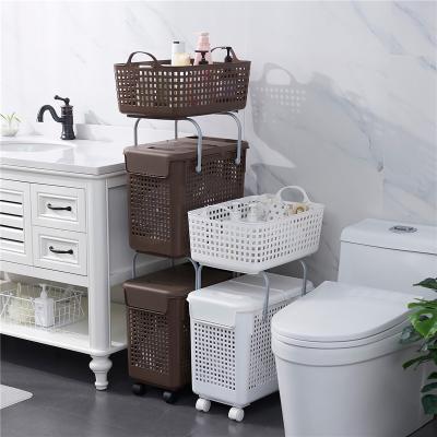 China Multifunctional Bathroom Portable Stored Dirty Laundry Baskets With Wheels Storage Movable Three Tier Large Basket for sale