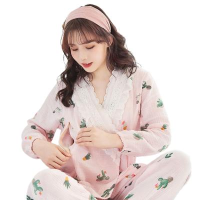 China Clothing Antibacterial Pregnant Women Spring And Autumn Pure Cotton Gauze Breathable Postpartum Clothing Breastfeeding Nightgown for sale