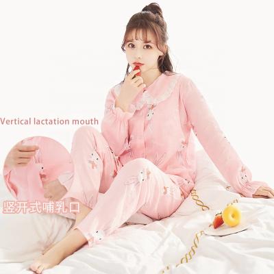 China Antibacterial Comfortable Pregnant Clothing For Maternity Pajamas Set Spring And Autumn Pure Cotton Breathable Cute Nursing Nightgown for sale