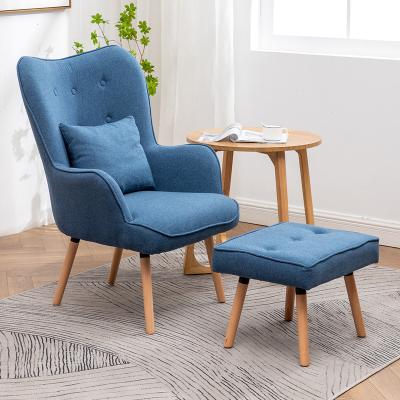 China Wood Leg+Stool Wood Accent Chair Modern Fabric Lounge Chair Armchair With Stool for sale