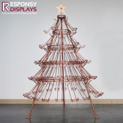 China Attractive Golden Christmas Tree Metal Wire Floor Wine Display Stand with LED for sale