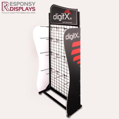 China Black Metal Big Glove Display Stand With Hook And Wheel And Logo Board for sale