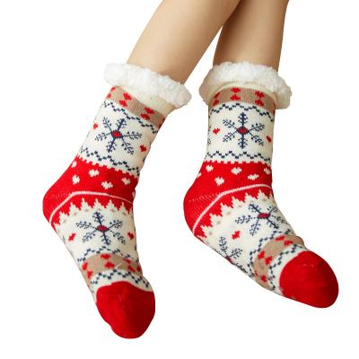 China QUICK DRY Women's Warm Fluffy Thick Fleece Striping Winter Christmas Snowflake Home Socks for sale