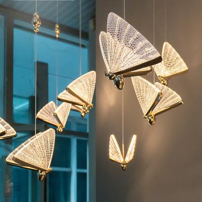 China Contemporary Modern Butterfly Shape Pednant Light Crystal LED Lighting For Living Room Long Staircase LED Lamp Fixtures Indoor Chandeliers for sale