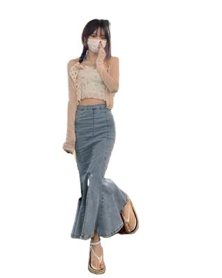 China New Breathable Denim Women Skirts Ruffle Long Plus Lattice Mermaid Skirt for sale