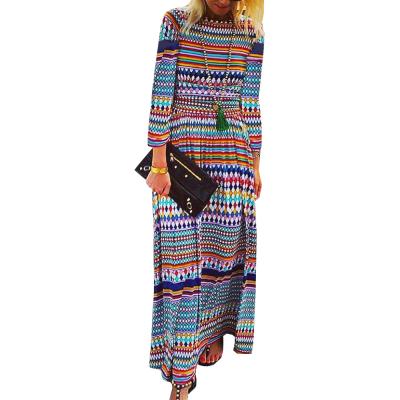 China New Style Anti-Static Wrinkle Hot Selling Stripe Printing O-Neck Long Sleeve Amazon Long Dress for sale