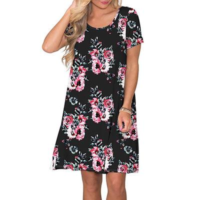 China Women Fashion O-Neck Anti-Static Short Sleeve Dress Floral Print Loose Fit Dress for sale