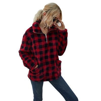 China Anti-wrinkle Women Sheath Long Turn Down Collar Zipper Sweater Clothes Winter Fashion Women Plaid Sweatshirts for sale