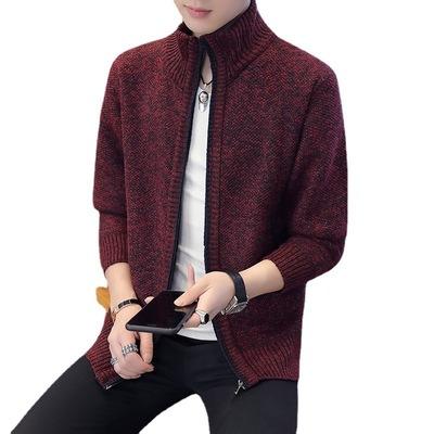 China Anti-Wrinkle Solid Hooded Cardigan Long Sleeve Plus Thick Velvet Stand Collar Mens Sweater for sale