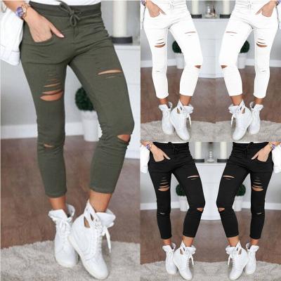 China Thin Breathable Female Hole Stretch Drawstring Pants Women Ripped Gaiters Trousers Plus Size Nine Pencil Pants for sale