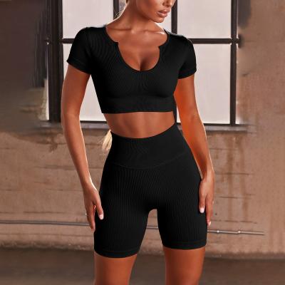 China Wholesale High Quality QUICK DRY 2 Piece Square Collar Solid Color Activewear Ribbed Seamless Yoga Gym Leggings Set Women for sale