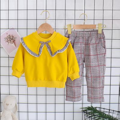 China Soft Suit Girls Lace Plaid Children's Suit Lapel Long Sleeve T-Shirt Pants Two Piece Set for sale