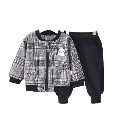 China Children's two-piece wear autumn children's clothing boys and girls casual wear cat pattern breathable decorative plaid sportswear for sale