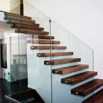 China Contemporary Drinking Wooden Floating Staircase Glass Rack Tempered Glass Fencing for sale