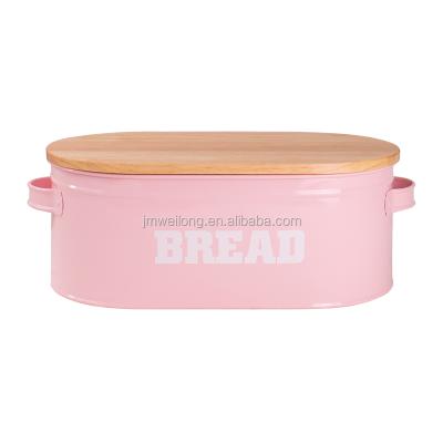 China Sustainable Light Pink Kitchen Metal Food Storage Bin Bread Box With Cutting Board for sale