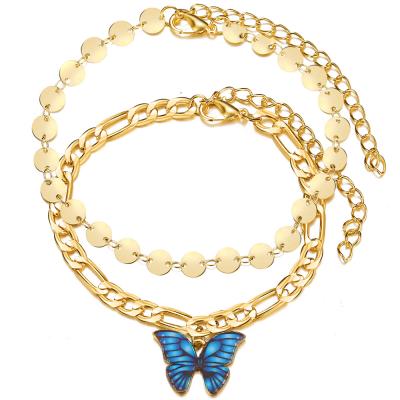 China FASHIONABLE personalized creative female retro color butterfly pendant anklet double layer alloy butterfly anklet chain for sale