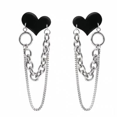 China Hot Selling Metal Long Tassel Dangle Earrings Hot Silver Metal Double Love Double Chain Punk Earrings Pin Shape Cool Punk Ear Clip Earrings for sale