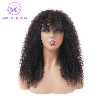 China Brazilian Curly Kinky Curly Natural Black Remy Hair Wholesale Curly Kinky 100 Hair Band Machine Made Wigs With Bangs for sale