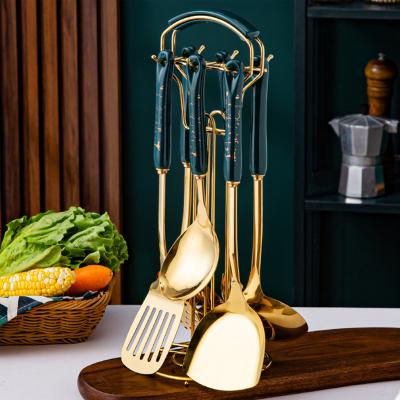 China Stocked Luxury Gold Kitchen Utensil Set 7pcs Kitchenware Set Tools Spatula Set Cookware for sale