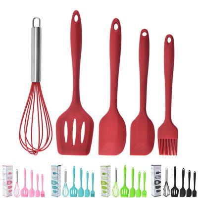 China Stocked BPA Free Silicone Cookware Set 5pcs Set Spatula Oil Brush Heat Resistant Cooking Whole Beater Cooking Spoon Spatula for sale