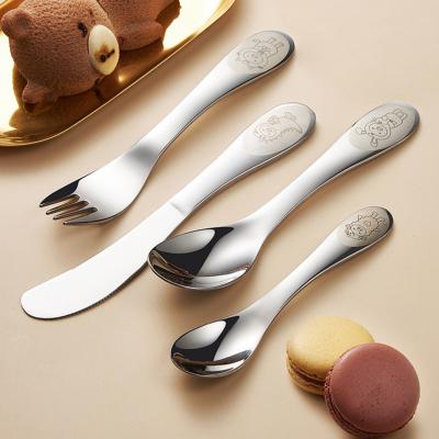 China Viable Cartoon Logo Food Grade Kids Tableware Spoons Forks And Knives 4Pcs Silverware 304 Stainless Steel Flatware Cutlery Set for sale