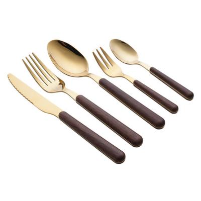 China Viable Silverware Gold Talher Cubiertos Fork Stainless Steel With Wooden Handle Spoon Forks And Knife Cutlery Cookware Set for sale