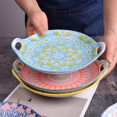 China 8 Inches Sustainable Bohemian Style Steak Dinner Plate Western Ceramic Round Dish Baking Tray for sale