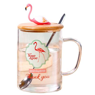 China 500ml Viable Flamingo Pattern Milk Drink Viable Hot Selling Transparent Glass Mug for sale