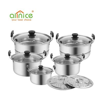 China Wholesale viable OEM ODM serving stainless steel 5pcs soup pot set kitchenware cookware sets with glass lid for sale