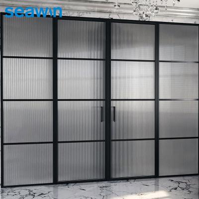 China Quiet Operation Seawin Pivot Shower Door Modern Glass Black Double Swing Door With Full Handle Glass Shower Doors for sale