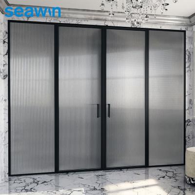 China Quiet Operation Seawin 3 Panel Shower Swing Door 5/16 Inch Tempered Glass Shower Door Black Pivot Shower Door for sale