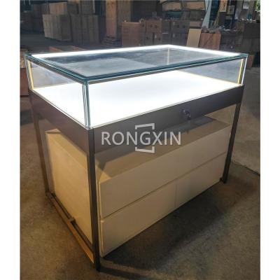 China Custom Storage Cabinet Single Gold Metal Frame Floor Stand Base LED Lighting Display Glass Display Lockable Jewelry Showcase For Mall for sale