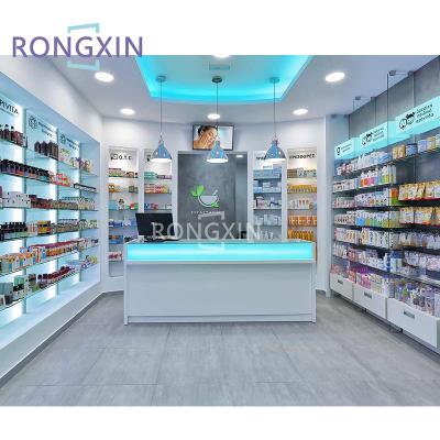 China MDF Pharmacy Shop Unique Interior Decoration Design With Led Lighted Wooden Display Furniture for sale