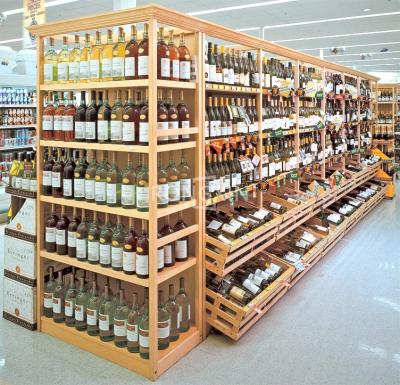 China Simple Liquor Display Rack Wooden Liquor Display Rack Shelf Wine Wall Cabinet Displays For Whiskey Store Fittings for sale