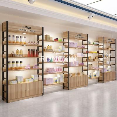 China Fashion Style Beauty Retail Store Display Shelves Wooden Metal Skin Care Racks Cosmetic Wall Shelf For Cosmetic Shops for sale