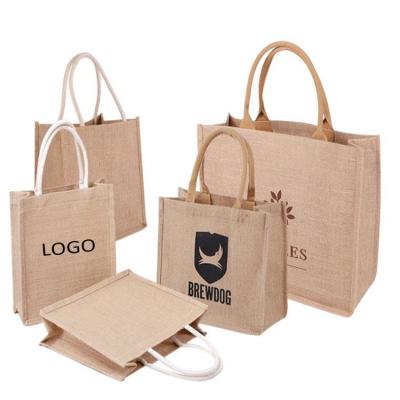 China Eco-Friendly Laminated Hessian Handled Reusable Burlap Beach Sack Canvas Shopping Tote Bags With Custom Logo for sale