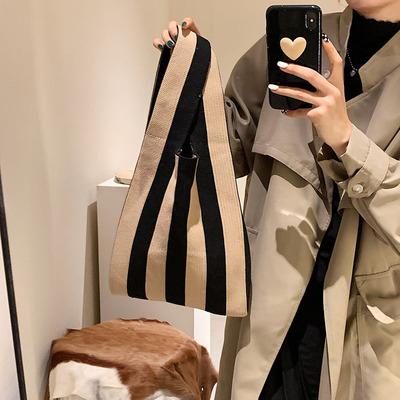 China 2022 Light Weight Knitted Lady Shopping Bag Women Tote Light Weight Vacation Shoulder Handbag Contrast Stripe Color Women Shopping Bag for sale