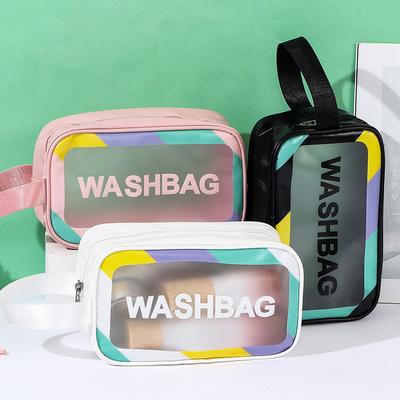 China Logo Women Travel Clear Lightweight Custom Letter Print Cosmetic Organizer Ladies Waterproof Bag Large Makeup PVC Handbag Toiletry Bag for sale