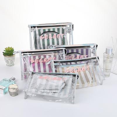 China Lightweight Packaging Bags Clear 3 Pieces Travel Water Resistant Portable Cosmetic Organizer Pouch Transparent Makeup Bag Stripe For Women for sale