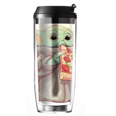 China Double Wall Fruit Juice Water Bottle With Straw Cartoon Yoda Pattern Coffee Water Smoothie Plastic Drinks Cup Viable For Home Office for sale