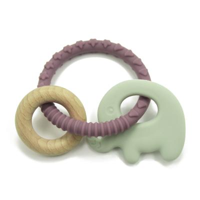 China Food Grade Elephant Silicone Beech Wooden Teething Toys For Young Babies for sale