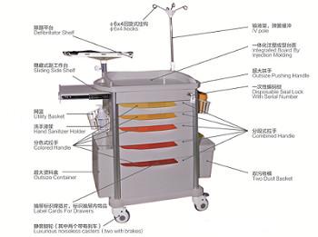 China Strong Load Bearing 100Kg Emergency Crash Cart Trolley With Instrument Bracket for sale