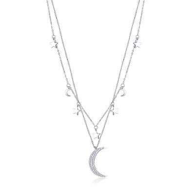 China Fashion Jewelry Modern Crescent Moon Star Pendant Double Chain Necklace Stainless Steel/Vintage Fashion CZ Diamond Paved Pendant Rhodium Plated For Her for sale