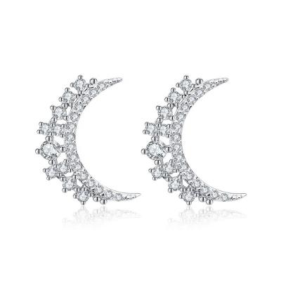 China Trendy Vintage SS925 Sterling Silver Moon Shape Rhodium Plated Clear Zircon Stud Earrings Crescent Paved Fashion Jewelry For Women Men for sale