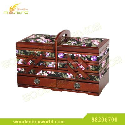 China Handmade fabric sewing box with wooden cantilever and drawers for sale