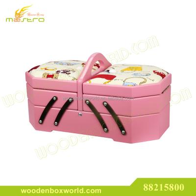 China Sustainable Octagonal Cantilever Folding Sewing Basket Wood Rose Finish Upholstery Fabric for sale